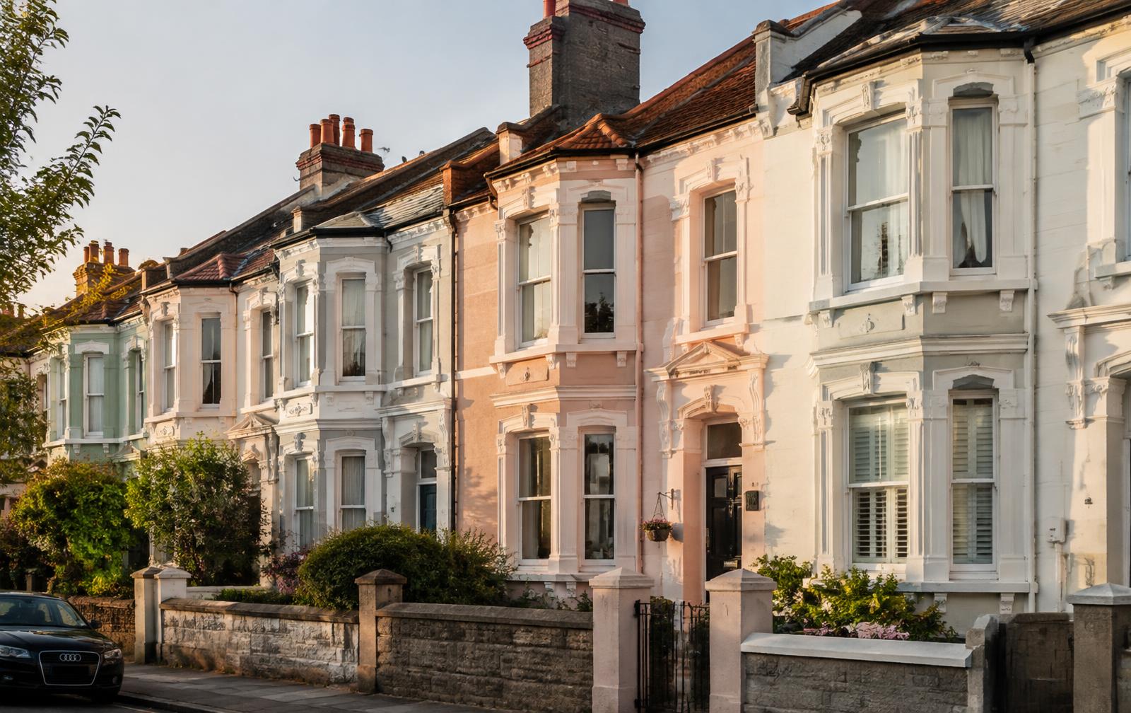 Row of Victorian terraced houses at golden hour